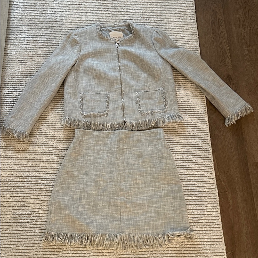 Rebecca Taylor Gray Fringe Blazer and Skirt Set